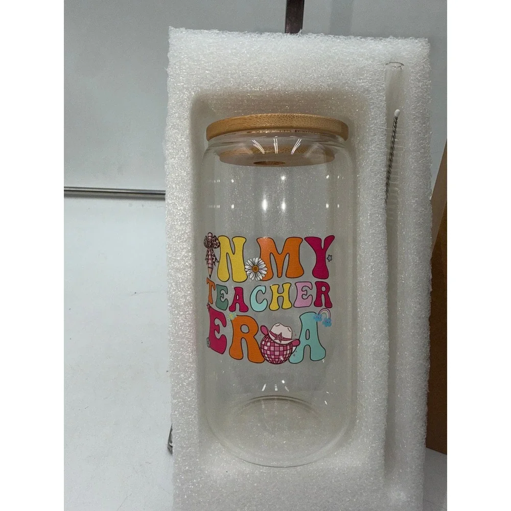 In My Teacher Era Glass Can Tumbler 16oz with Bamboo Lid and Glass Straw Set